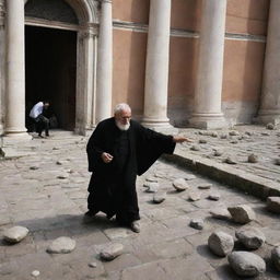 In a moment of intense agitation, people in Rome start hurling stones at the elder scholar. The once peaceful scene turns hostile, the air is brimming with tension as the scholar stands bravely under the onslaught.