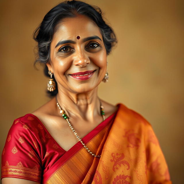 A graceful portrait of a dusky Indian woman in her 40s, elegantly adorned in a traditional saree that showcases rich patterns and vibrant hues