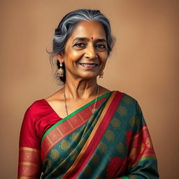 A graceful portrait of a dusky Indian woman in her 40s, elegantly adorned in a traditional saree that showcases rich patterns and vibrant hues