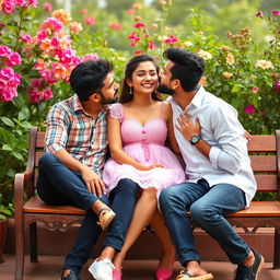 A charming and whimsical scene featuring Alia Bhatt in a delightful babydoll dress, playfully seated on a comfortable bench