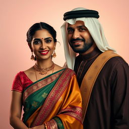 An intimate portrait of a dusky Indian woman in her 30s, elegantly draped in a beautiful saree with intricate designs and rich colors