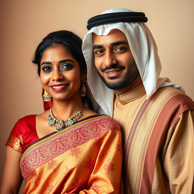 An intimate portrait of a dusky Indian woman in her 30s, elegantly draped in a beautiful saree with intricate designs and rich colors