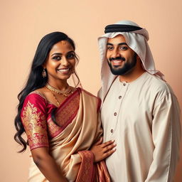 An intimate portrait of a dusky Indian woman in her 30s, elegantly draped in a beautiful saree with intricate designs and rich colors