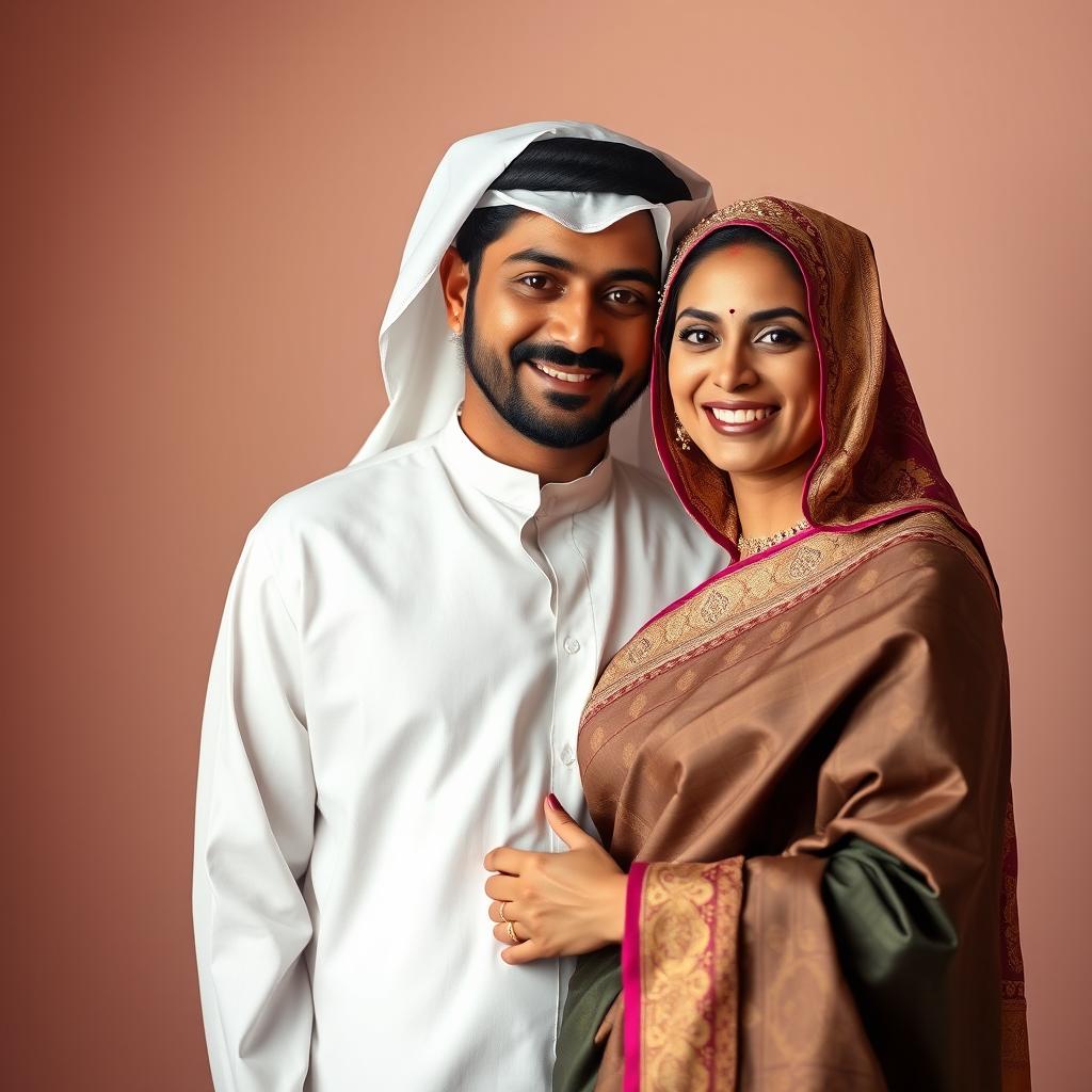 An intimate portrait of a dusky Indian woman in her 30s, elegantly draped in a beautiful saree with intricate designs and rich colors