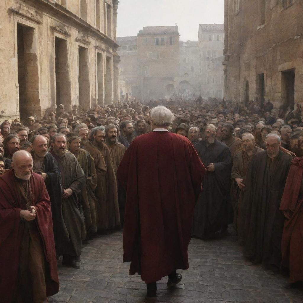 The crowd in Rome, now irate, drives the elder scholar out from the city. A chaotic scene unfolds with the lone figure of the scholar making his solitary way out amidst the hostile Roman populace.