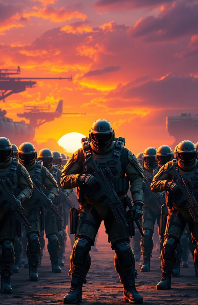 A dramatic scene depicting the birth of an elite battalion, showcasing a diverse group of highly trained soldiers in advanced combat gear, with intricate details in their uniforms and weaponry