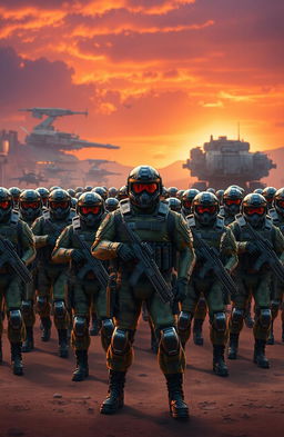 A dramatic scene depicting the birth of an elite battalion, showcasing a diverse group of highly trained soldiers in advanced combat gear, with intricate details in their uniforms and weaponry