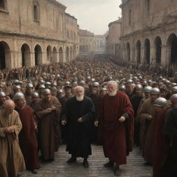 The crowd in Rome, now irate, drives the elder scholar out from the city. A chaotic scene unfolds with the lone figure of the scholar making his solitary way out amidst the hostile Roman populace.