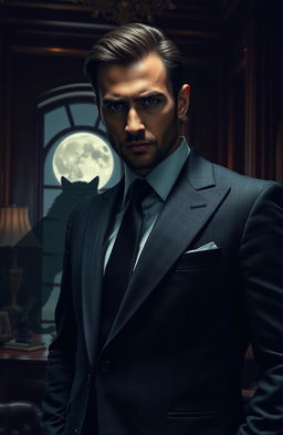 A captivating scene depicting a rich and powerful businessman who is secretly a werewolf alpha