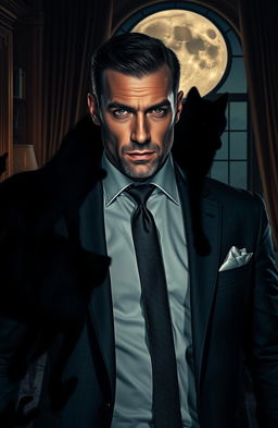 A captivating scene depicting a rich and powerful businessman who is secretly a werewolf alpha