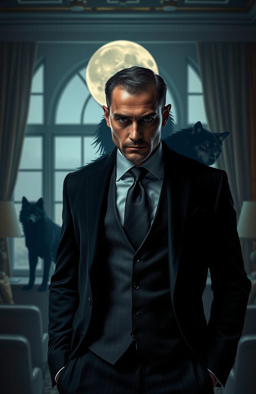 A captivating scene depicting a rich and powerful businessman who is secretly a werewolf alpha