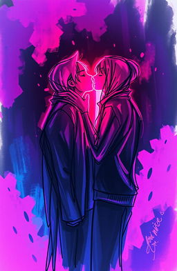A sketch style illustration featuring a romantic scene in neon colors, capturing the intimacy of two figures exchanging kisses