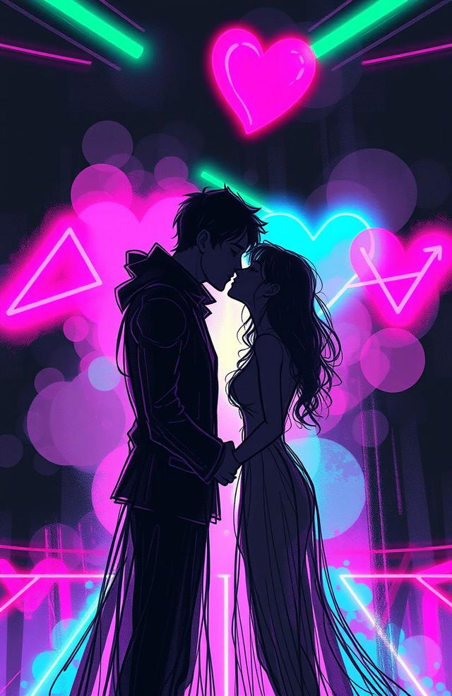 A sketch style illustration featuring a romantic scene in neon colors, capturing the intimacy of two figures exchanging kisses