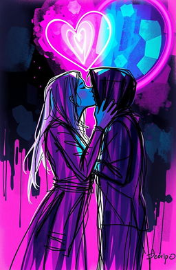 A sketch style illustration featuring a romantic scene in neon colors, capturing the intimacy of two figures exchanging kisses