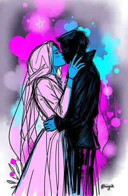 A sketch style illustration featuring a romantic scene in neon colors, capturing the intimacy of two figures exchanging kisses