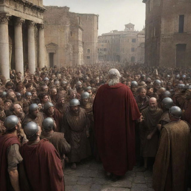 The crowd in Rome, now irate, drives the elder scholar out from the city. A chaotic scene unfolds with the lone figure of the scholar making his solitary way out amidst the hostile Roman populace.