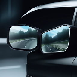 Futuristic rearview mirrors of a state-of-the-art van, characterized by innovative design and advanced tech functionality.