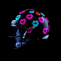 A striking artistic representation of a football helmet embellished with vibrant neon-colored kisses all over its surface