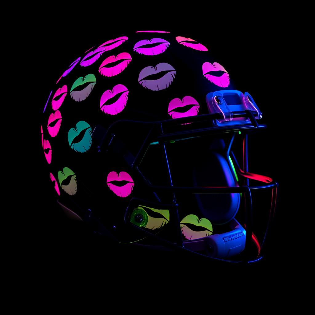 A striking artistic representation of a football helmet embellished with vibrant neon-colored kisses all over its surface