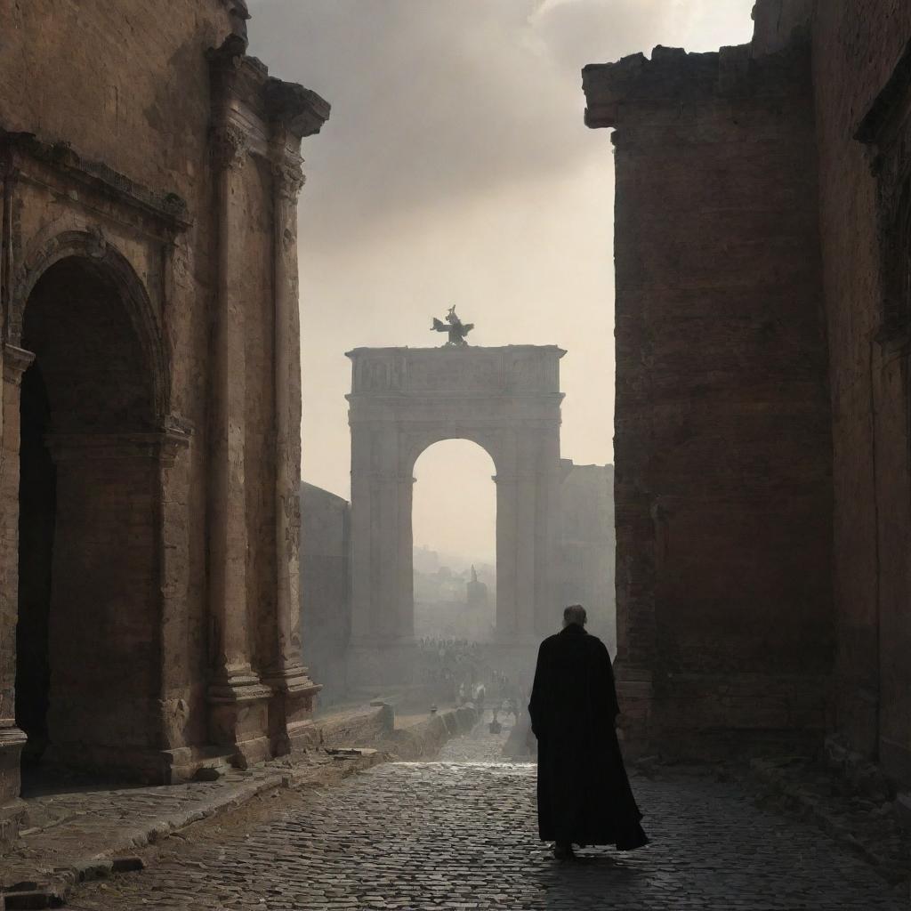 The elder scholar leaves the grand city of Rome, his lone silhouette a stark contrast against the majestic city gates. The scene encapsulates his solemn departure from the city riled by hostility.