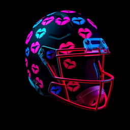 A striking artistic representation of a football helmet embellished with vibrant neon-colored kisses all over its surface