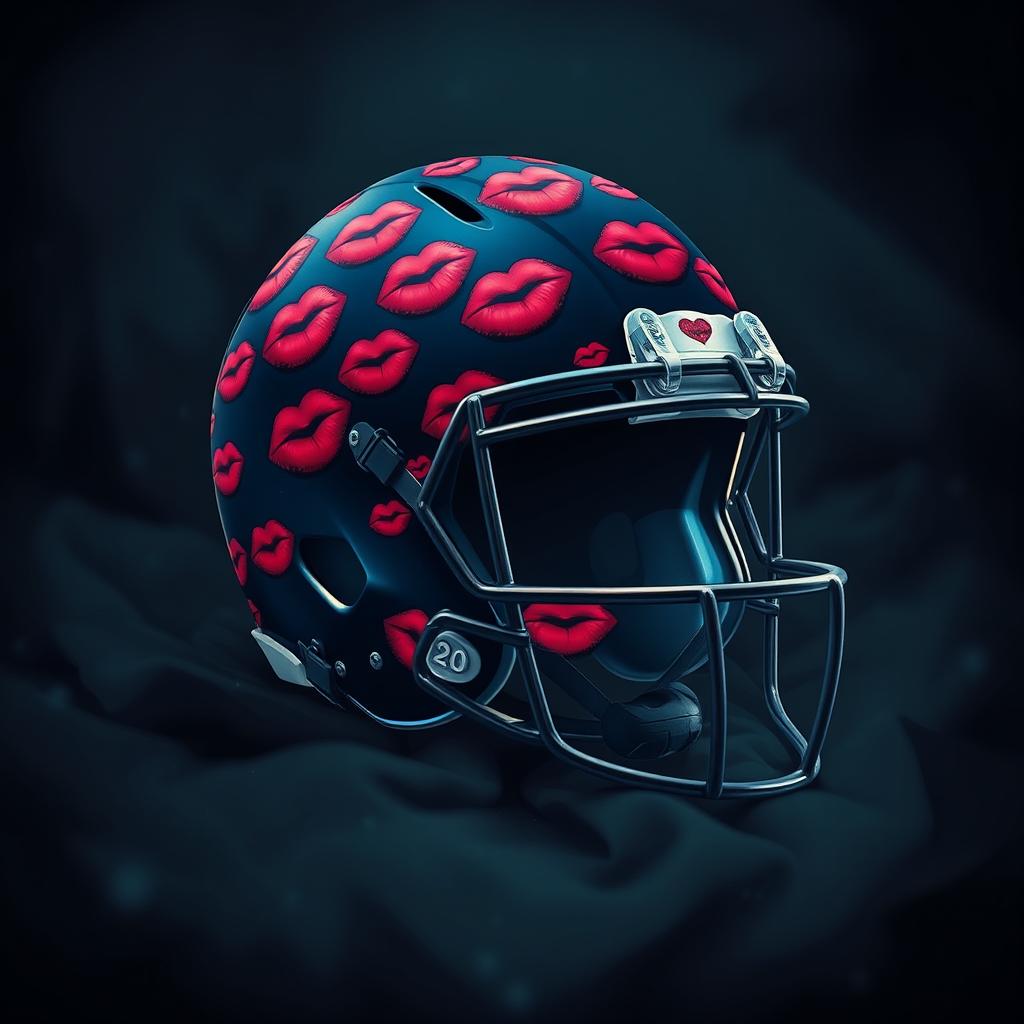 A captivating illustration of a football helmet that is covered in kisses, set against a mysterious and dark background