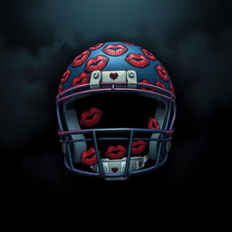 A captivating illustration of a football helmet that is covered in kisses, set against a mysterious and dark background
