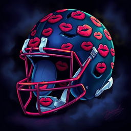 A captivating illustration of a football helmet that is covered in kisses, set against a mysterious and dark background