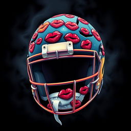 A captivating illustration of a football helmet that is covered in kisses, set against a mysterious and dark background