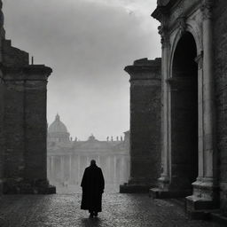 The elder scholar leaves the grand city of Rome, his lone silhouette a stark contrast against the majestic city gates. The scene encapsulates his solemn departure from the city riled by hostility.