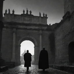 The elder scholar leaves the grand city of Rome, his lone silhouette a stark contrast against the majestic city gates. The scene encapsulates his solemn departure from the city riled by hostility.