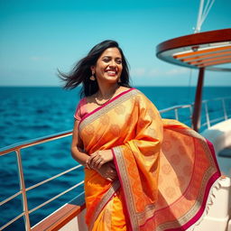 A captivating image of a dusky Indian woman in her 35s, elegantly wearing a traditional saree as she enjoys a luxurious moment on a yacht