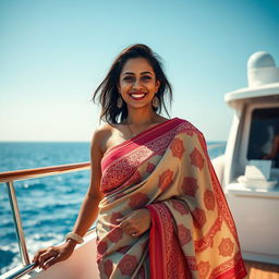 A captivating image of a dusky Indian woman in her 35s, elegantly wearing a traditional saree as she enjoys a luxurious moment on a yacht