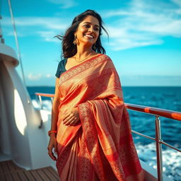 A captivating image of a dusky Indian woman in her 35s, elegantly wearing a traditional saree as she enjoys a luxurious moment on a yacht