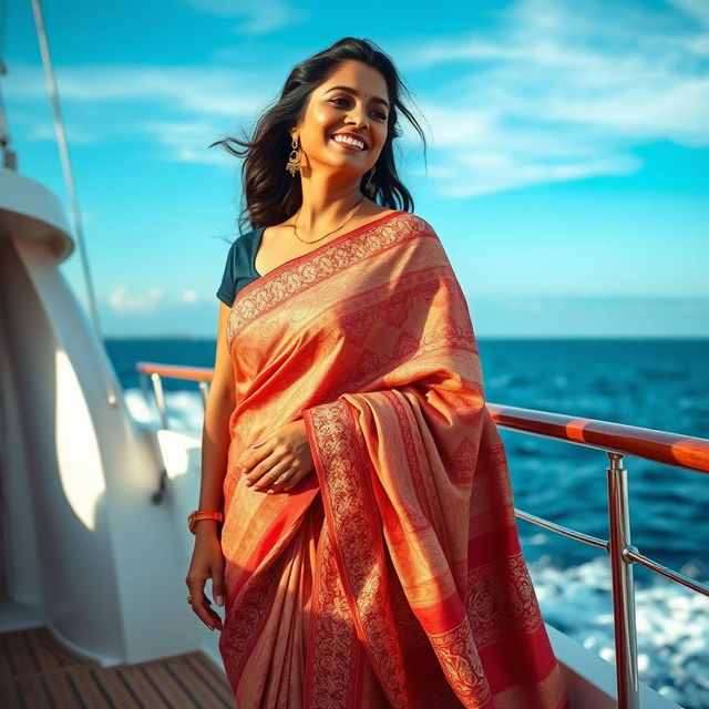 A captivating image of a dusky Indian woman in her 35s, elegantly wearing a traditional saree as she enjoys a luxurious moment on a yacht