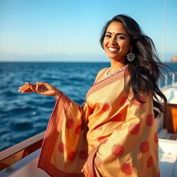 A captivating image of a dusky Indian woman in her 35s, elegantly wearing a traditional saree as she enjoys a luxurious moment on a yacht