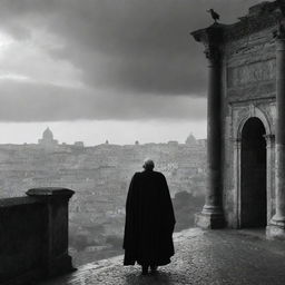 The elder scholar leaves the grand city of Rome, his lone silhouette a stark contrast against the majestic city gates. The scene encapsulates his solemn departure from the city riled by hostility.