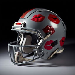 A visually striking image of a football helmet adorned with vibrant lipstick kisses in various shades of red and pink, set against a mysterious and dark background