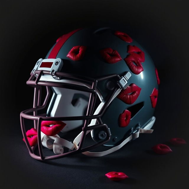 A visually striking image of a football helmet adorned with vibrant lipstick kisses in various shades of red and pink, set against a mysterious and dark background