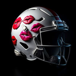 A visually striking image of a football helmet adorned with vibrant lipstick kisses in various shades of red and pink, set against a mysterious and dark background