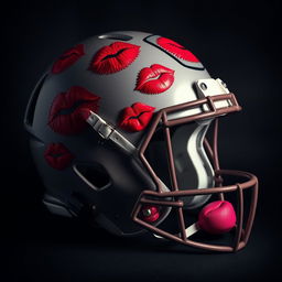 A visually striking image of a football helmet adorned with vibrant lipstick kisses in various shades of red and pink, set against a mysterious and dark background