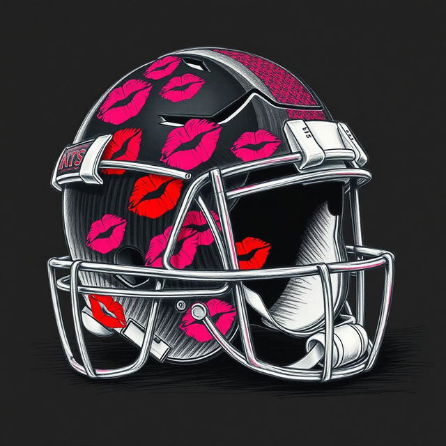 A detailed sketch of a football helmet covered in lipstick kisses, featuring various shades of red and pink that create an eye-catching design