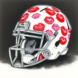 A detailed sketch of a football helmet covered in lipstick kisses, featuring various shades of red and pink that create an eye-catching design