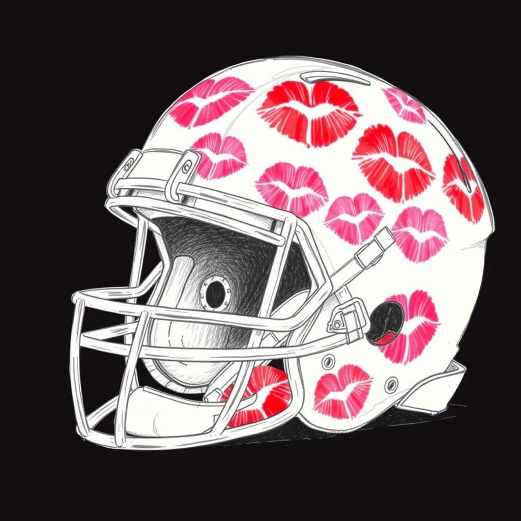 A detailed sketch of a football helmet covered in lipstick kisses, featuring various shades of red and pink that create an eye-catching design