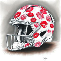 A detailed sketch of a football helmet covered in lipstick kisses, featuring various shades of red and pink that create an eye-catching design