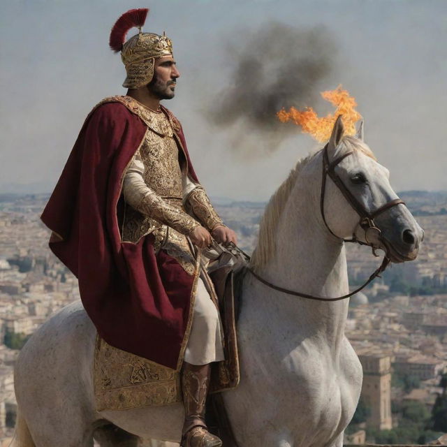 From a hill overlooking Rome, King Ahmad watches the scene with rage burning in his eyes. His tightened grip on his steed's reign and firm resolve reflecting his determination to confront the Roman king.