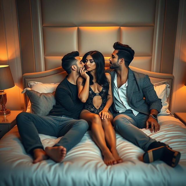 A sensual scene featuring a beautiful woman, styled in a glamorous outfit, kissing two handsome men on a luxury bed