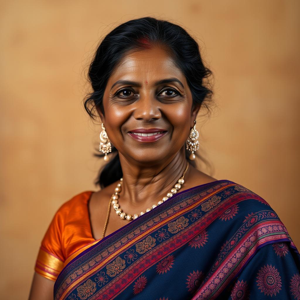 A graceful portrait of a dusky Indian woman in her 40s, with a deeper, rich skin tone that highlights her beauty, elegantly adorned in a traditional saree displaying intricate patterns and vibrant colors