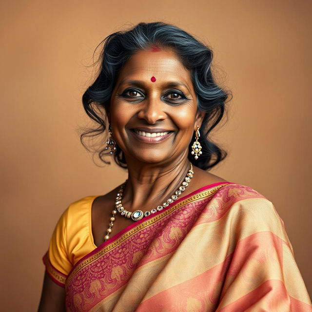 A graceful portrait of a dusky Indian woman in her 40s, with a deeper, rich skin tone that highlights her beauty, elegantly adorned in a traditional saree displaying intricate patterns and vibrant colors