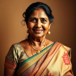A graceful portrait of a dusky Indian woman in her 40s, with a deeper, rich skin tone that highlights her beauty, elegantly adorned in a traditional saree displaying intricate patterns and vibrant colors